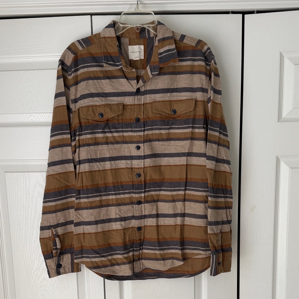 American Eagle Outfitters Brown and Tan Striped Shirt Flannel Mens Large Unisex